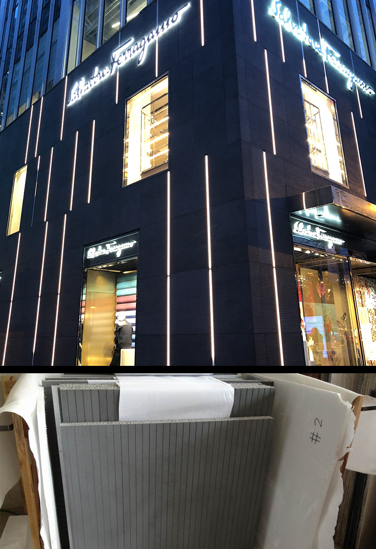 StoneSheets Ferragamo black basalt grooved aluminum honeycomb stone panels